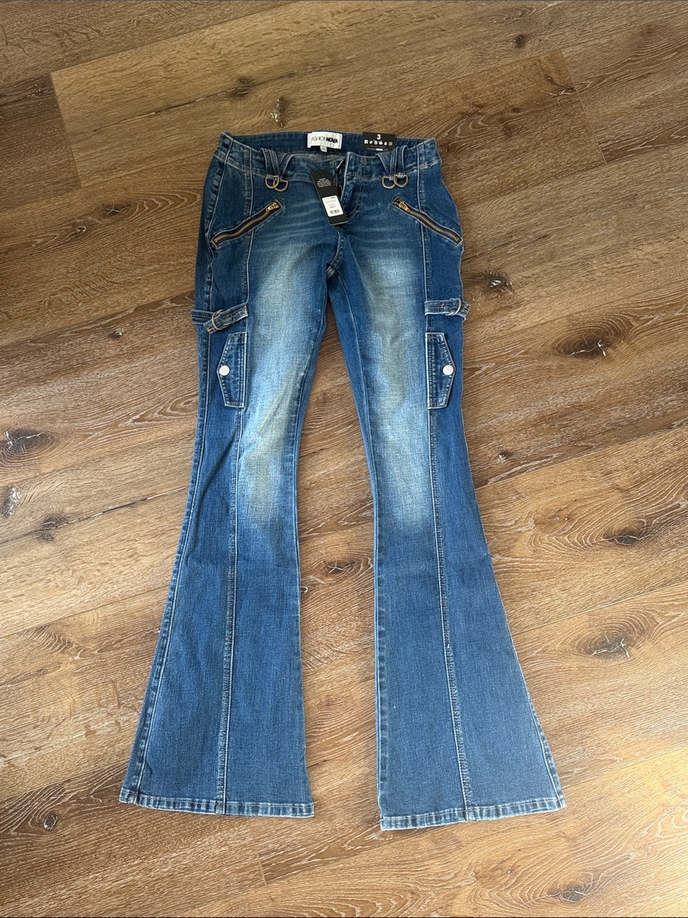 Fashion Nova Blue Flare Cargo Jeans